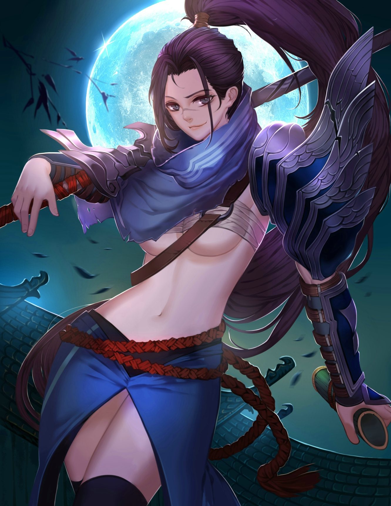 League, Legends, Yasuo, bandage, brown, hair, genderswap, grey, eyes, long, moon, night, ponytail, skirt, smile, sword, thigh, highs, , , anime, picture, , |, , , pictures