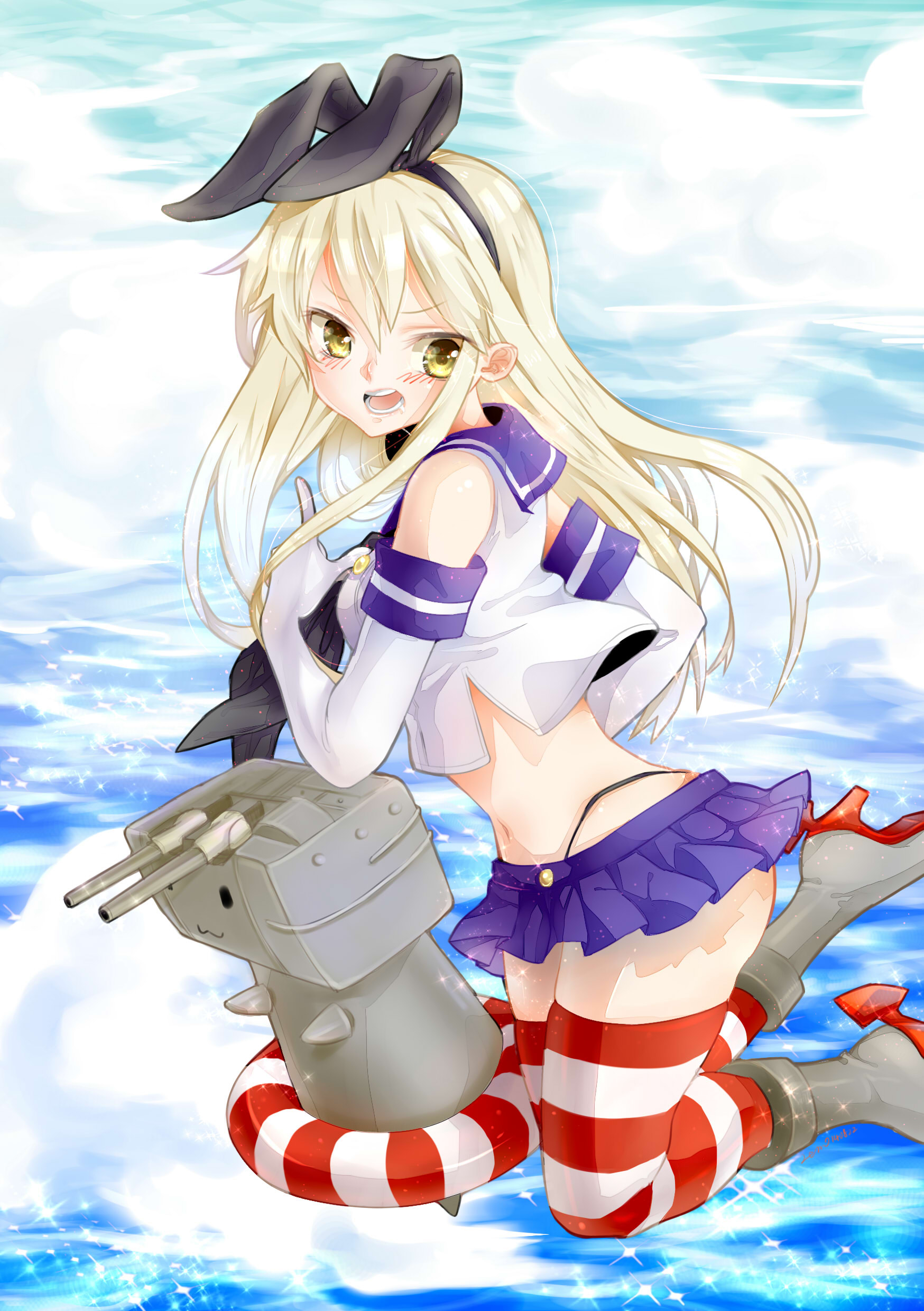 Kantai, Collection, Rensouhou, chan, Shimakaze, anthropomorphism, bikini, blonde, hair, boots, gloves, band, long, skirt, thigh, highs, water, float, weapon, yellow, eyes, , , anime, picture, , |, , , pictures