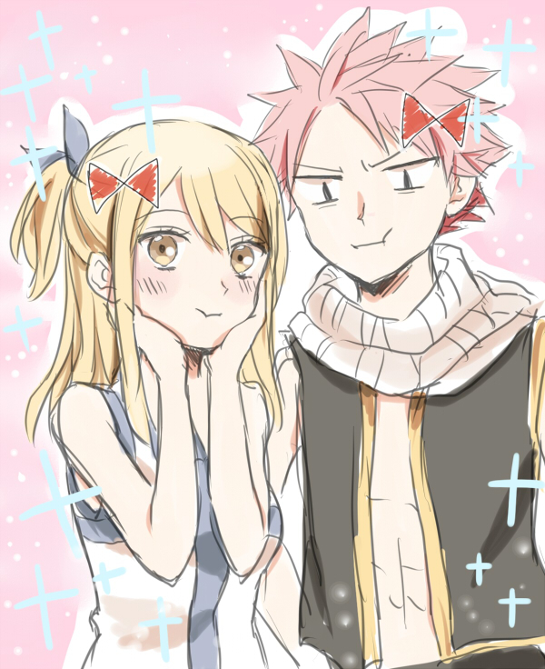 Fairy, Tail, Lucy, Heartfilia, Natsu, Dragneel, blonde, hair, blush, brown, eyes, long, pink, ribbon, scarf, short, side, smile, , , anime, picture, , |, , , pictures