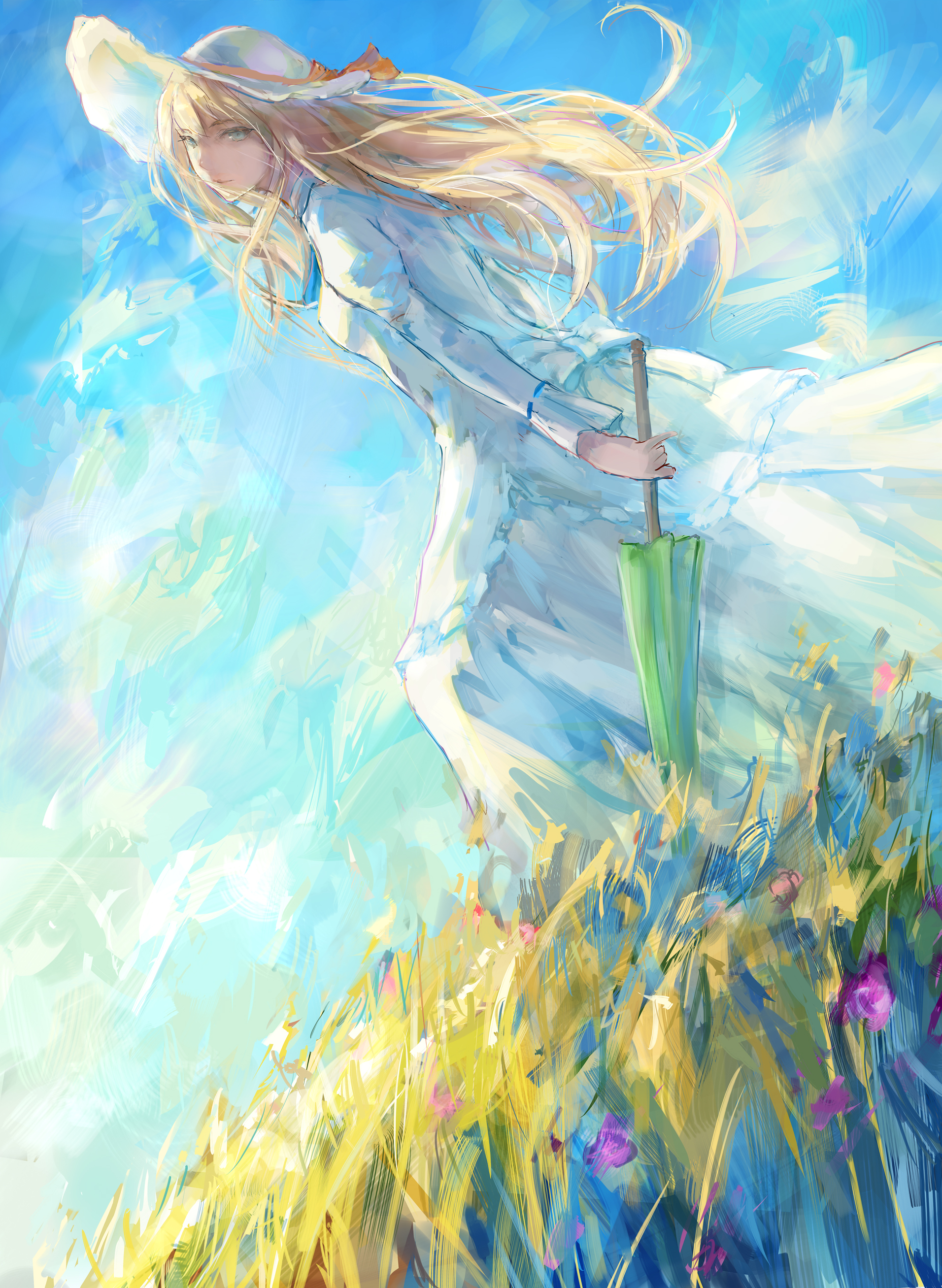 Anime, CG, Pictures, blonde, hair, blue, eyes, dress, flower, long, umbrella, , , picture, , |, , 