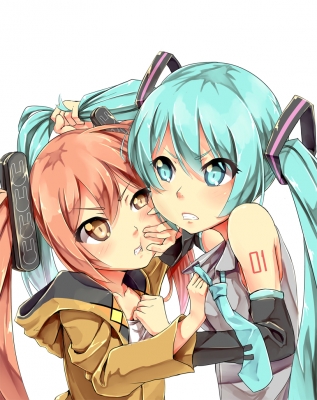 Black Bullet Vocaloid : Aihara Enju Hatsune Miku 181634
 668235  vocaloid  aihara enju hatsune miku   ( Anime CG Anime Pictures      ) 181634   : Pack
angry brown eyes crossover gloves green hair hoodie long orange ribbon tattoo tie twin tails   anime picture