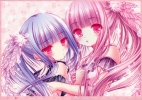 Anime CG Anime Pictures      181811
blue hair blush headdress hug long pink red eyes ribbon side tail surprised   anime picture