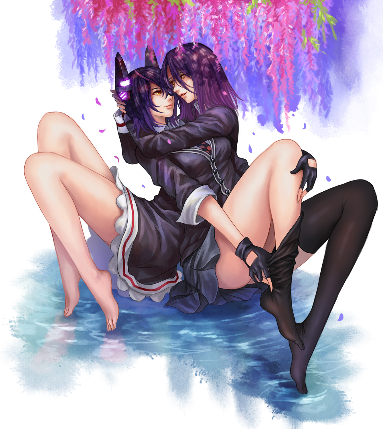 Kantai, Collection, Tatsuta, Tenryuu, anthropomorphism, barefoot, eyepatch, gloves, happy, purple, hair, short, skirt, smile, thigh, highs, yellow, eyes, , , anime, picture, , |, , , pictures