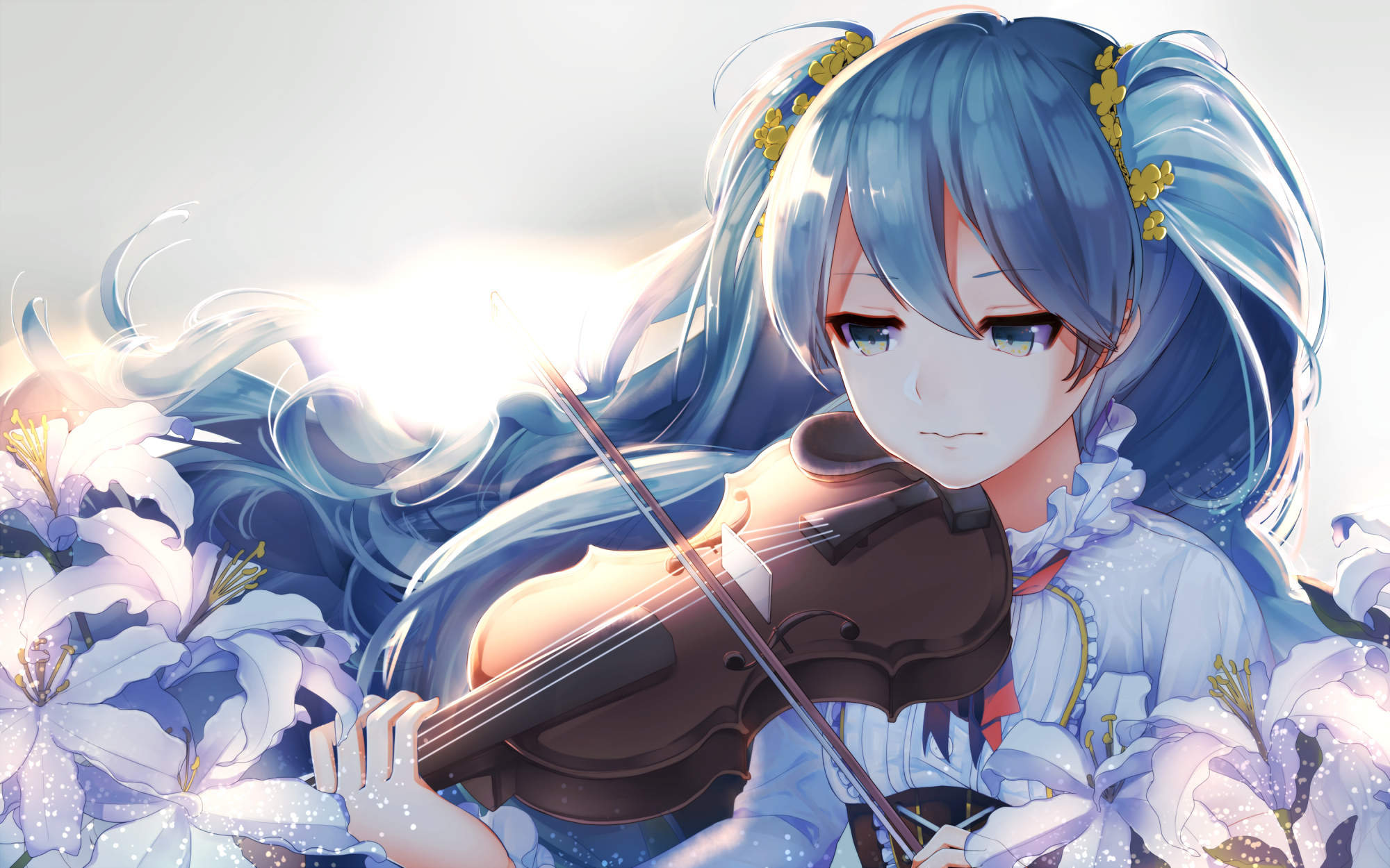 Vocaloid, Hatsune, Miku, blue, eyes, hair, flower, long, music, twin, tails, violin, , , anime, picture, , |, , , pictures