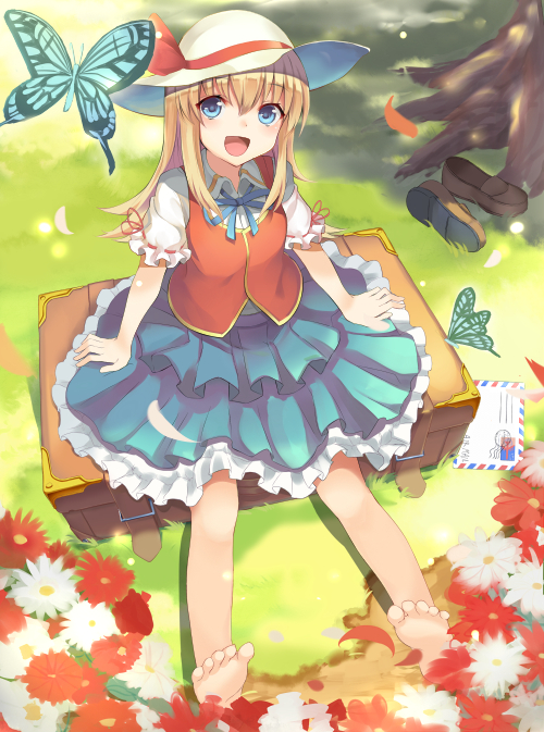 Anime, CG, Pictures, barefoot, blonde, hair, blue, eyes, blush, butterfly, flower, happy, ribbon, skirt, tree, , , picture, , |, , 