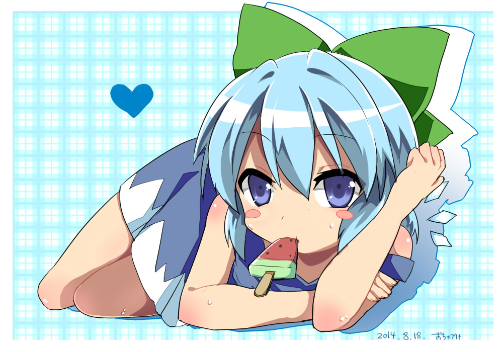 Touhou, Cirno, blue, eyes, hair, blush, dress, eating, fairy, heart, cream, ribbon, short, sweat, , , anime, picture, , |, , , pictures
