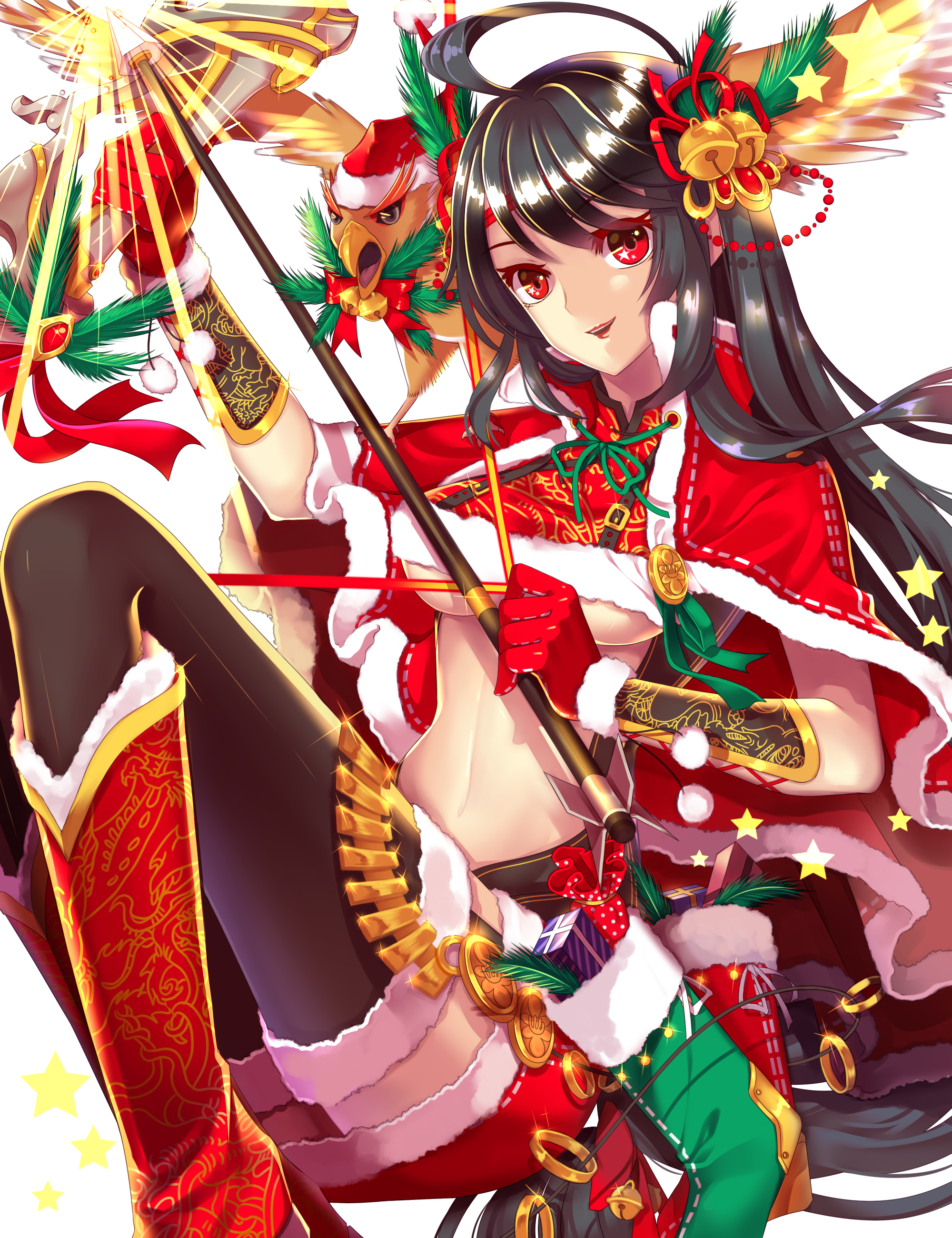 Anime, CG, Pictures, ahoge, bells, black, hair, boots, arrow, christmas, gloves, happy, long, eyes, ribbon, skirt, stars, thigh, highs, tori, , , picture, , |, , 