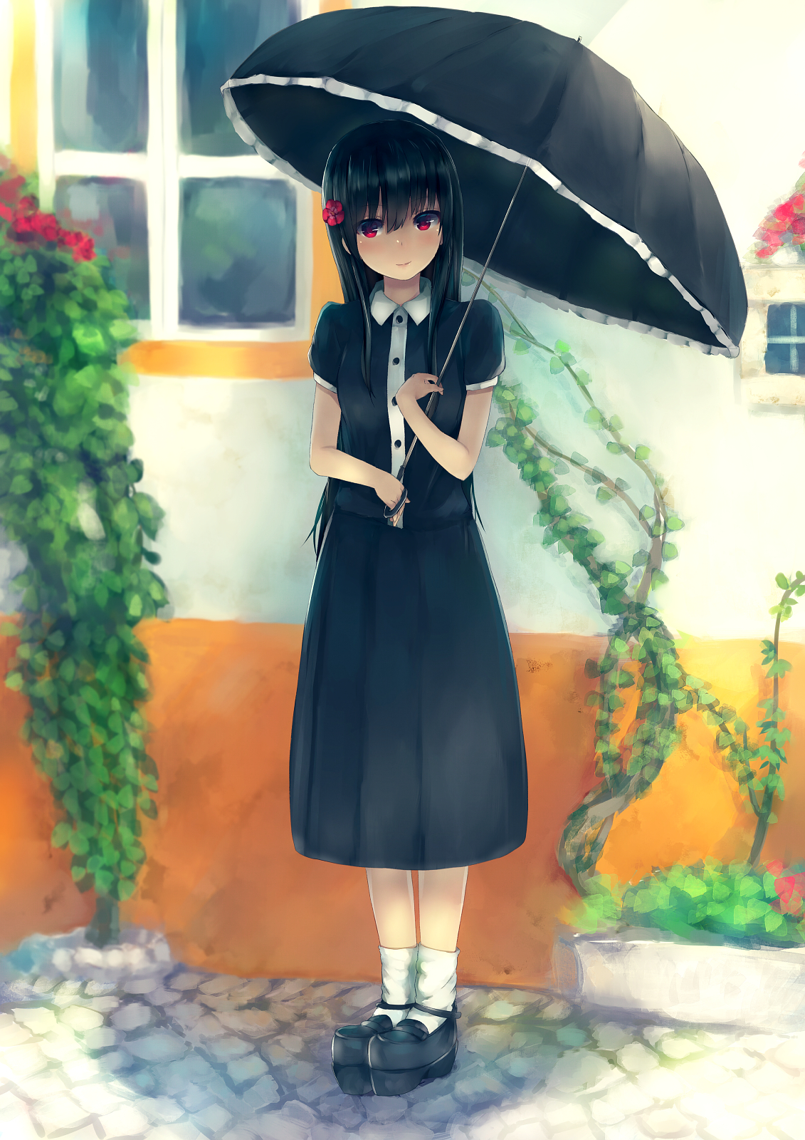 Anime, CG, Pictures, black, hair, blush, flower, long, eyes, skirt, smile, umbrella, , , picture, , |, , 