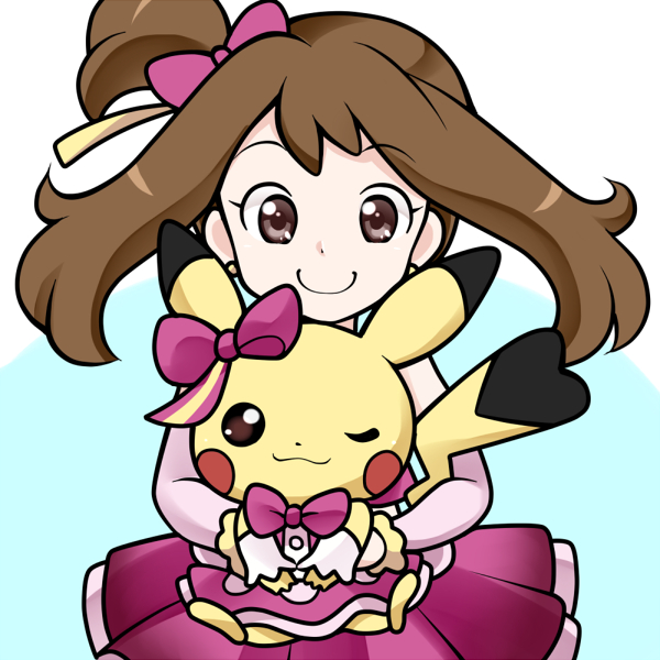 Pokemon, Haruka, May, Pikachu, animal, brown, eyes, hair, jewelry, ribbon, short, side, tail, skirt, smile, wink, , , anime, picture, , |, , , pictures