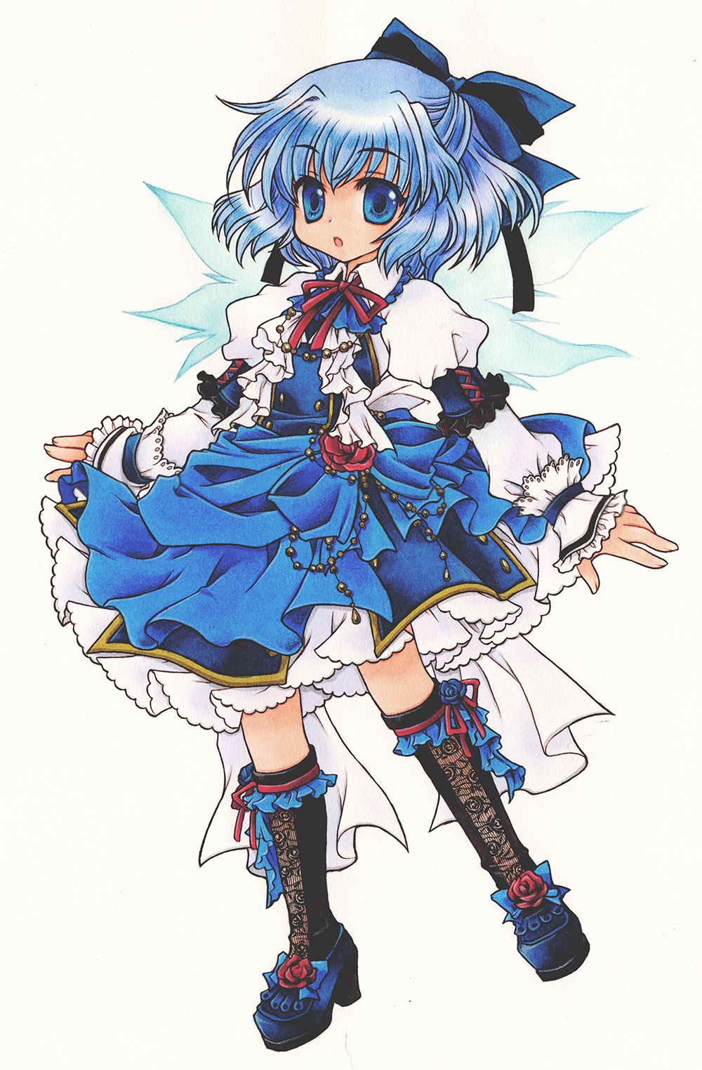Touhou, Cirno, blue, eyes, hair, boots, dress, fairy, flower, jewelry, ribbon, short, , , anime, picture, , |, , , pictures