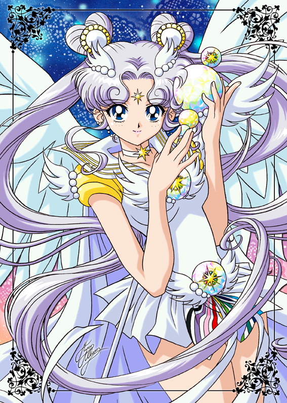Sailor, Moon, Cosmos, blue, eyes, choker, grey, hair, heart, jewelry, long, mahou, shoujo, odango, purple, rainbow, smile, twin, tails, wand, wings, , , anime, picture, , |, , , pictures