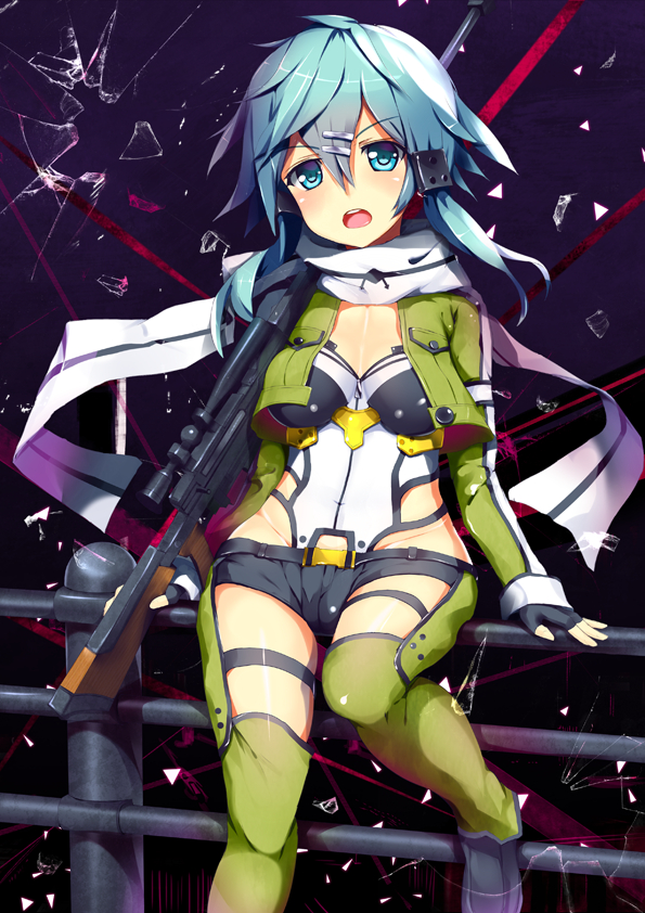 Sword, Art, Online, Sinon, blue, eyes, hair, blush, gloves, hairpins, jacket, scarf, short, shorts, , , anime, picture, , |, , , pictures