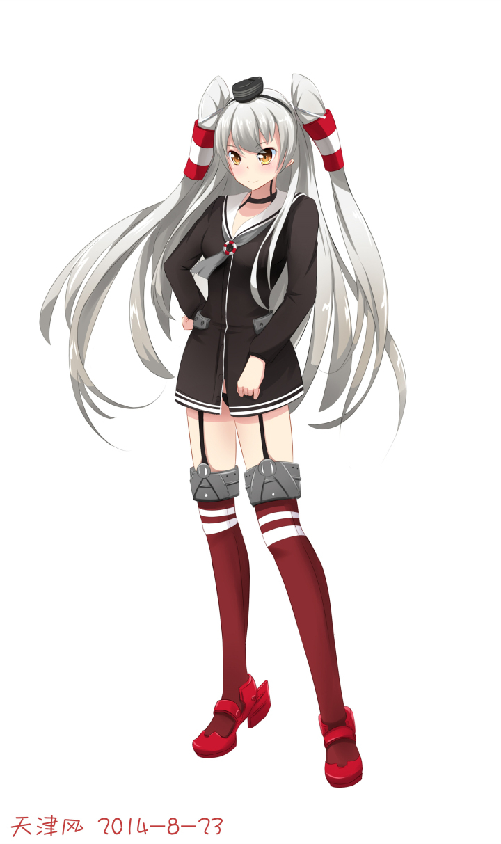 Kantai, Collection, Amatsukaze, anthropomorphism, choker, long, hair, ribbon, smile, thigh, highs, twin, tails, uniform, white, yellow, eyes, , , anime, picture, , |, , , pictures