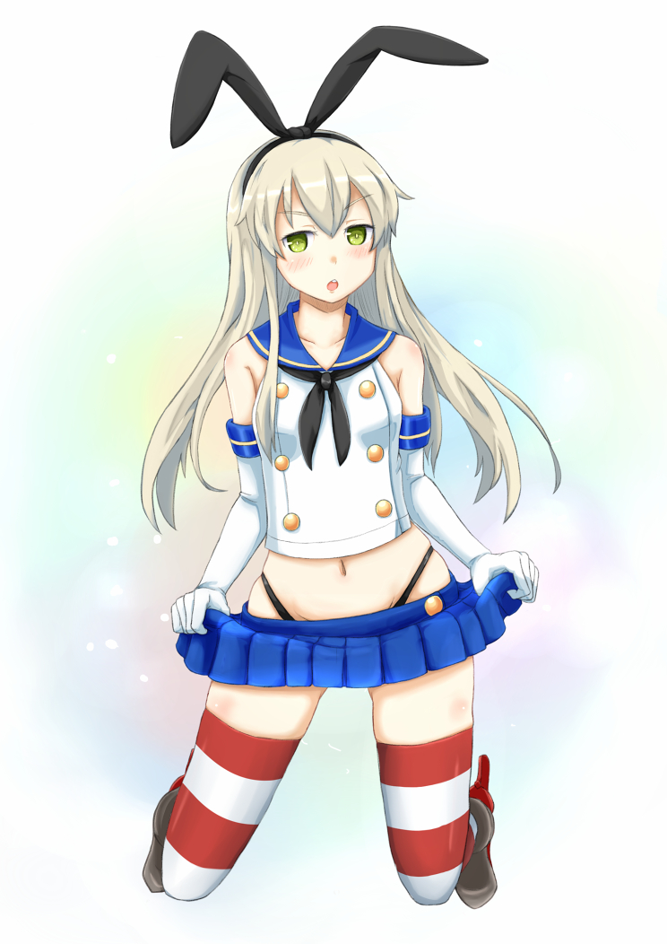Kantai, Collection, Shimakaze, anthropomorphism, bikini, blonde, hair, blush, boots, gloves, green, eyes, band, long, skirt, thigh, highs, , , anime, picture, , |, , , pictures