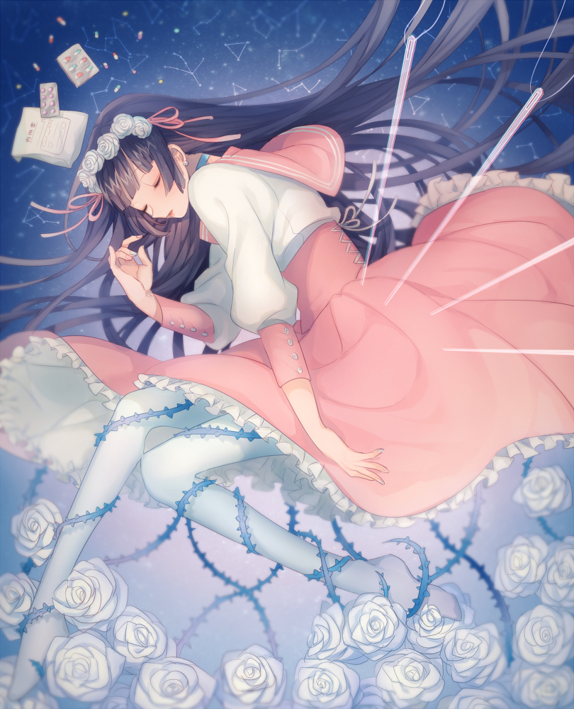 Anime, CG, Pictures, brown, hair, choker, dress, flower, long, pantyhose, sleep, , , picture, , |, , 
