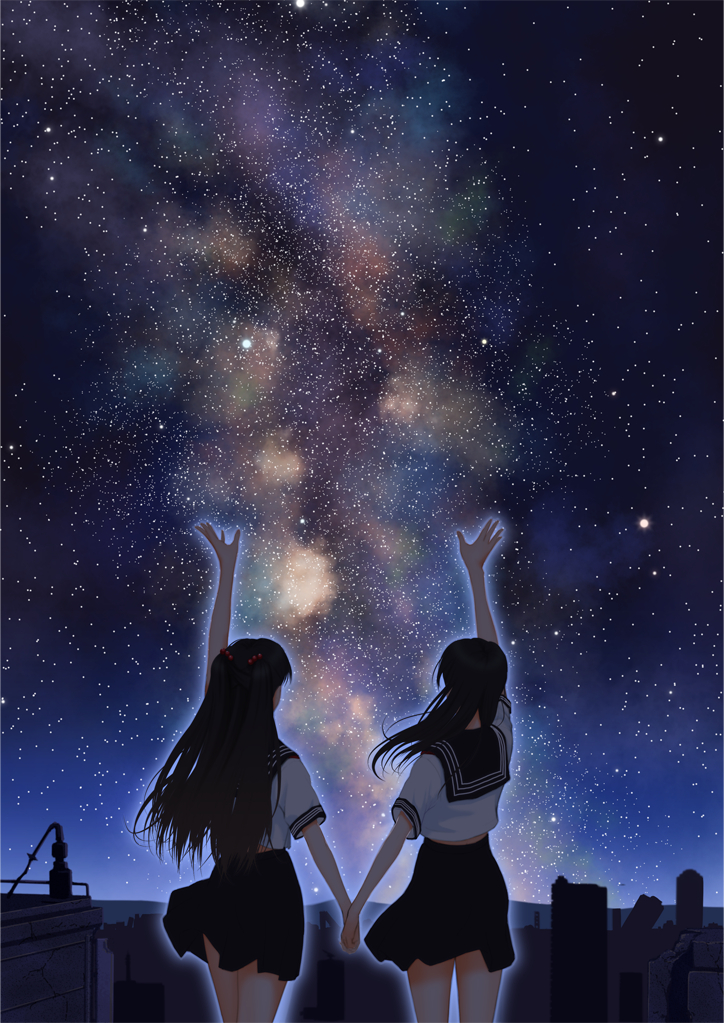 Anime, CG, Pictures, black, hair, holding, hands, long, night, scenic, seifuku, stars, twin, tails, , , picture, , |, , 
