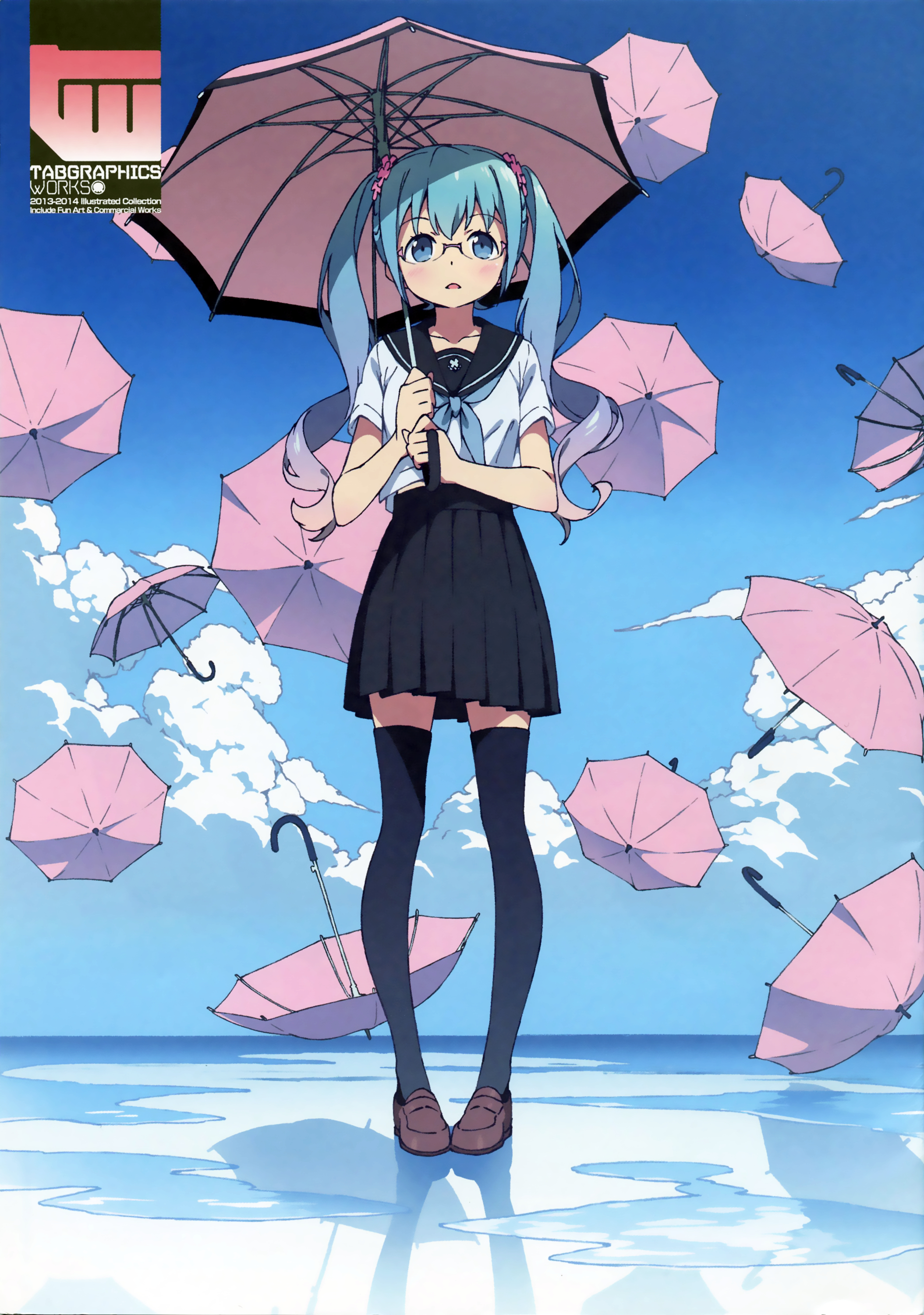 Vocaloid, Hatsune, Miku, blue, eyes, hair, blush, curly, long, megane, purple, seifuku, thigh, highs, twin, tails, umbrella, water, , , anime, picture, , |, , , pictures