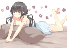 Anime CG Anime Pictures      182346
barefoot black hair blue eyes blush long pillow ribbon twin tails   anime picture