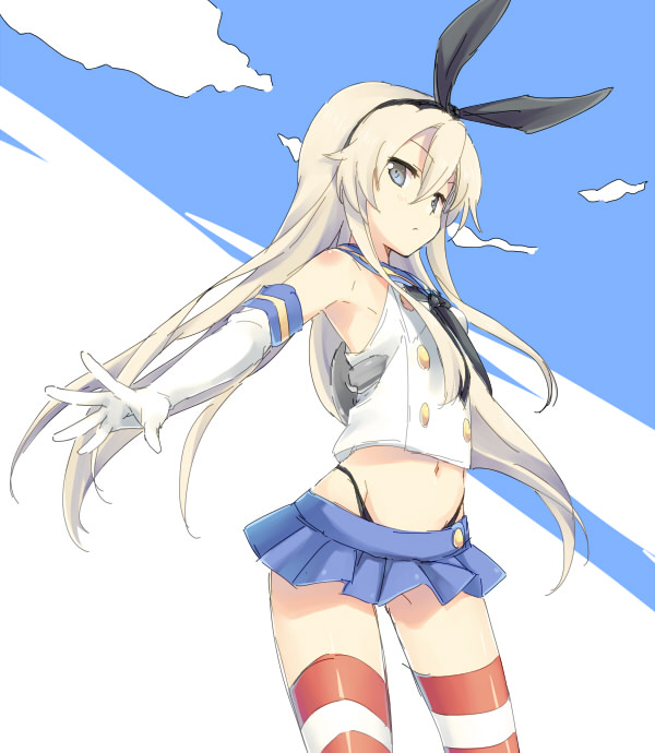 Kantai, Collection, Shimakaze, anthropomorphism, bikini, blonde, hair, blue, eyes, gloves, band, long, skirt, thigh, highs, , , anime, picture, , |, , , pictures
