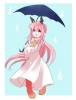 Senyuu. : Ruki 182409
ahoge bells blush boots dress happy hoodie pink hair pointy ears purple eyes rain umbrella wings   anime picture