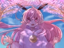 Senyuu. : Ruki 182408
ahoge bells blush hoodie long hair pink pointy ears purple eyes sakura sky surprised tree wings   anime picture