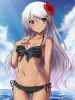 Anime CG Anime Pictures      182575
bikini blush brown eyes dark skin flower hairpins long hair purple sky water   anime picture