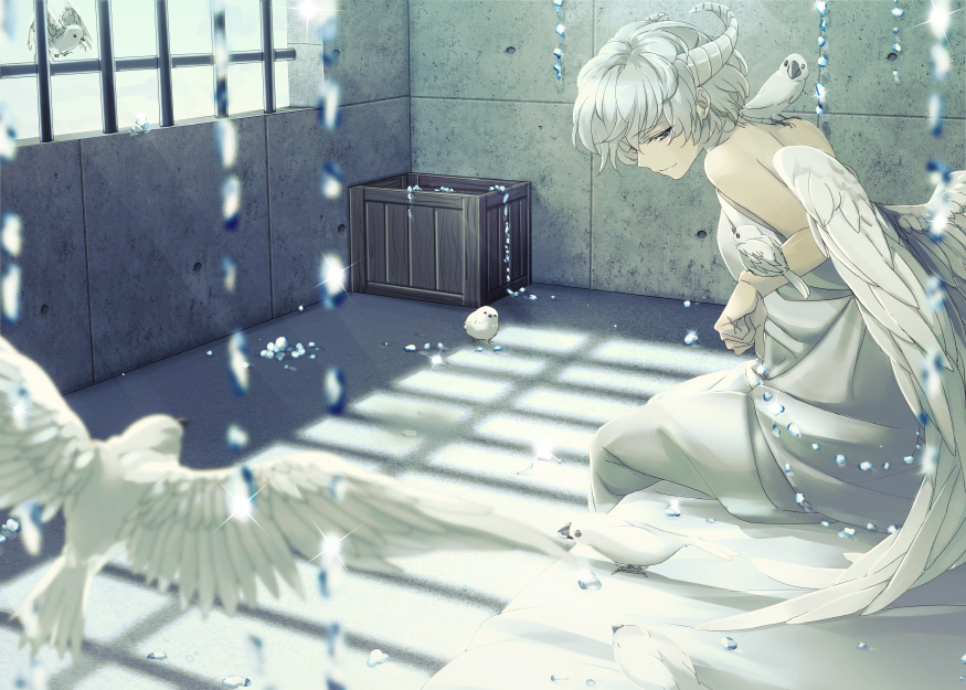 Anime, CG, Pictures, blue, eyes, dress, feather, grey, hair, horns, short, smile, tori, wings, , , picture, , |, , 