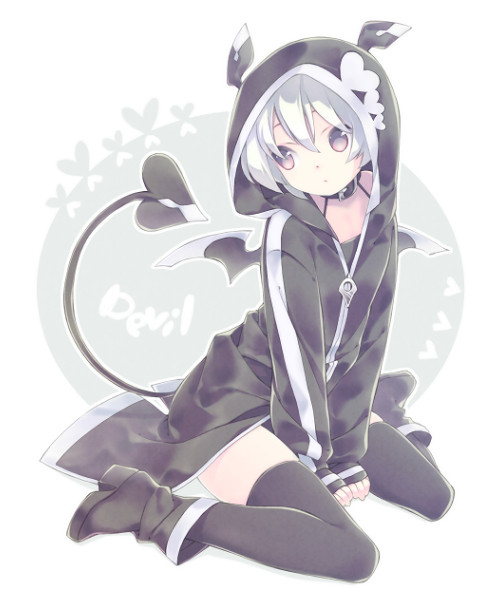 Anime, CG, Pictures, albino, boots, choker, devil, heart, hoodie, eyes, short, hair, tail, thigh, highs, white, wings, , , picture, , |, , 