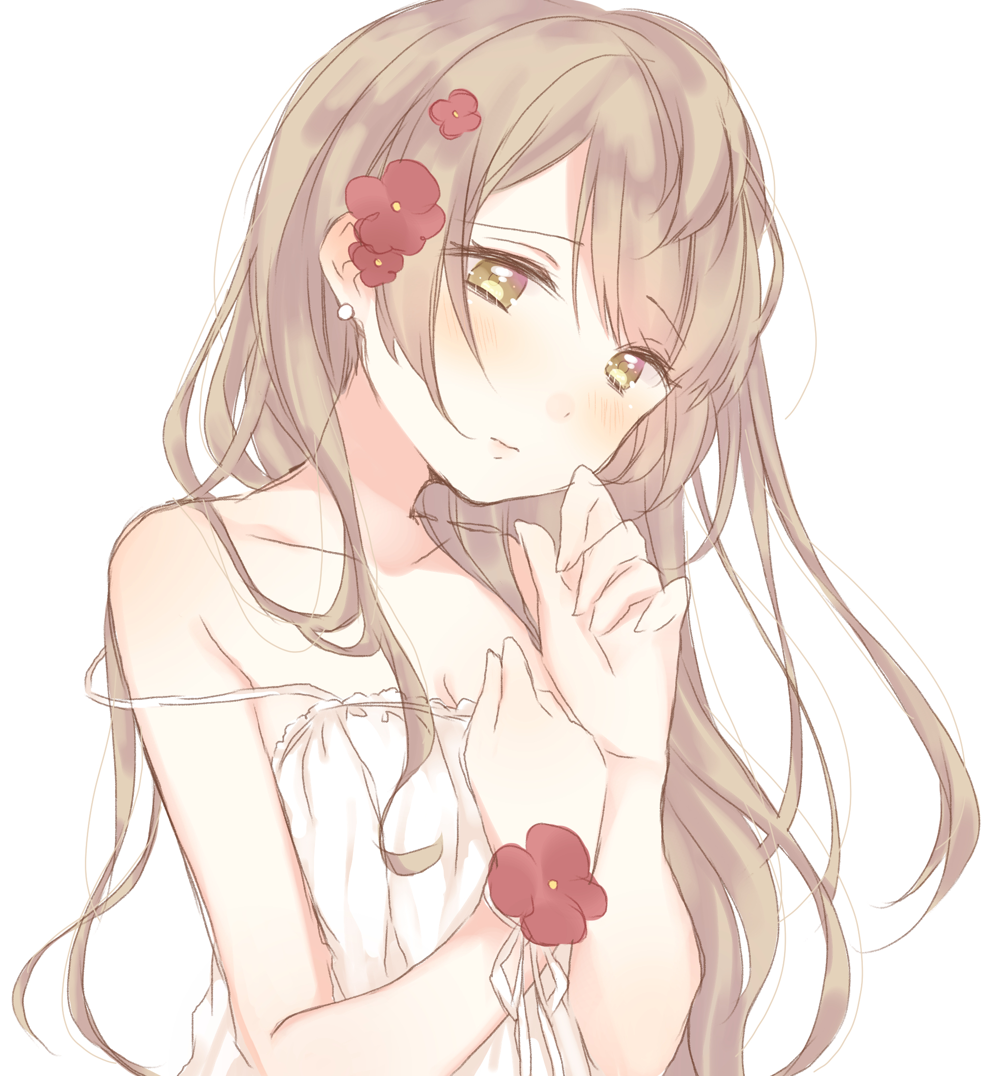 Love, Live, School, Idol, Project, Minami, Kotori, blush, brown, hair, flower, jewelry, long, yellow, eyes, , , anime, picture, , |, , , pictures