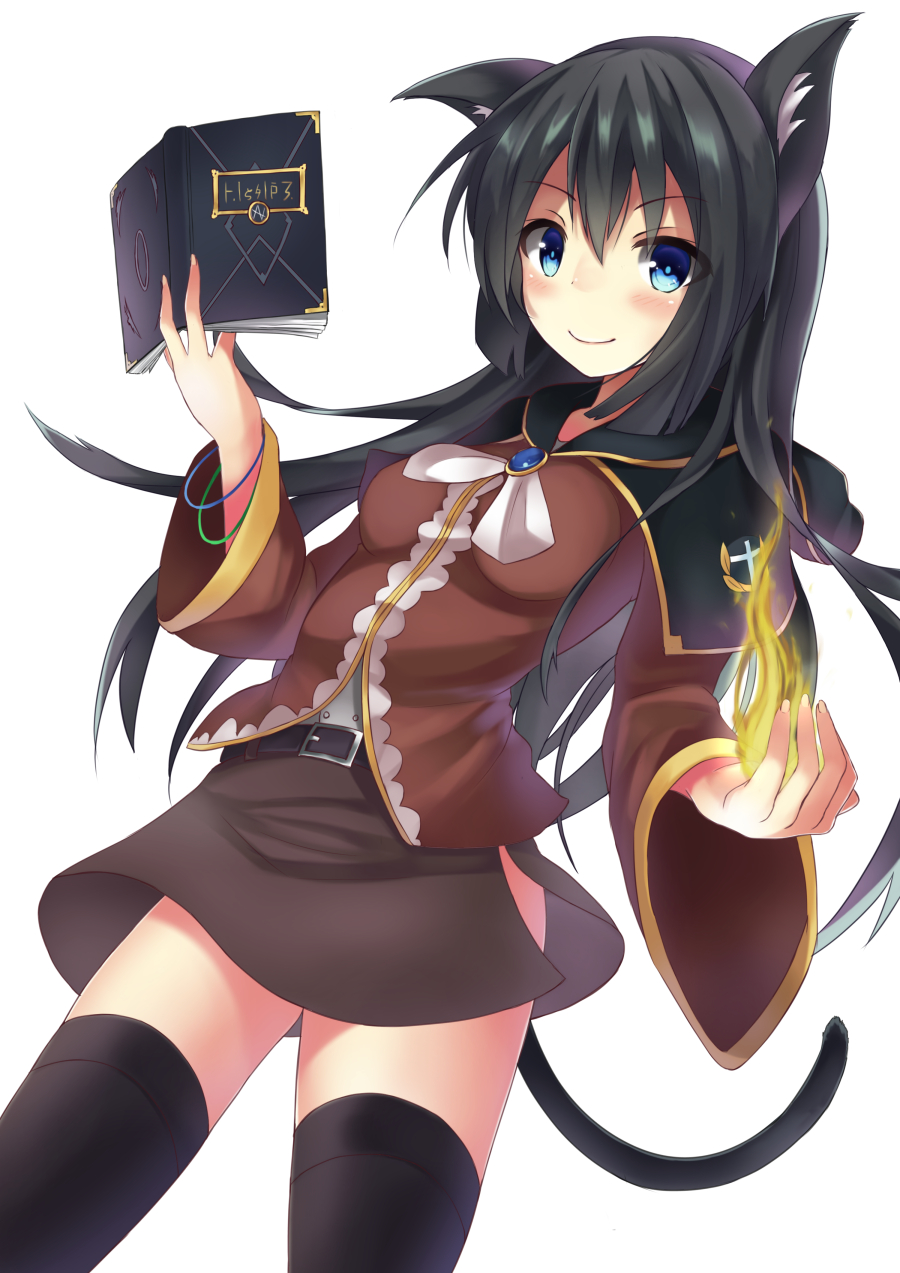 Anime, CG, Pictures, black, hair, blue, eyes, blush, book, fire, long, neko, mimi, skirt, smile, tail, thigh, highs, , , picture, , |, , 