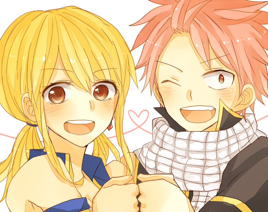 Fairy, Tail, Lucy, Heartfilia, Natsu, Dragneel, blonde, hair, blush, brown, eyes, happy, heart, jewelry, long, pink, scarf, short, twin, tails, wink, , , anime, picture, , |, , , pictures
