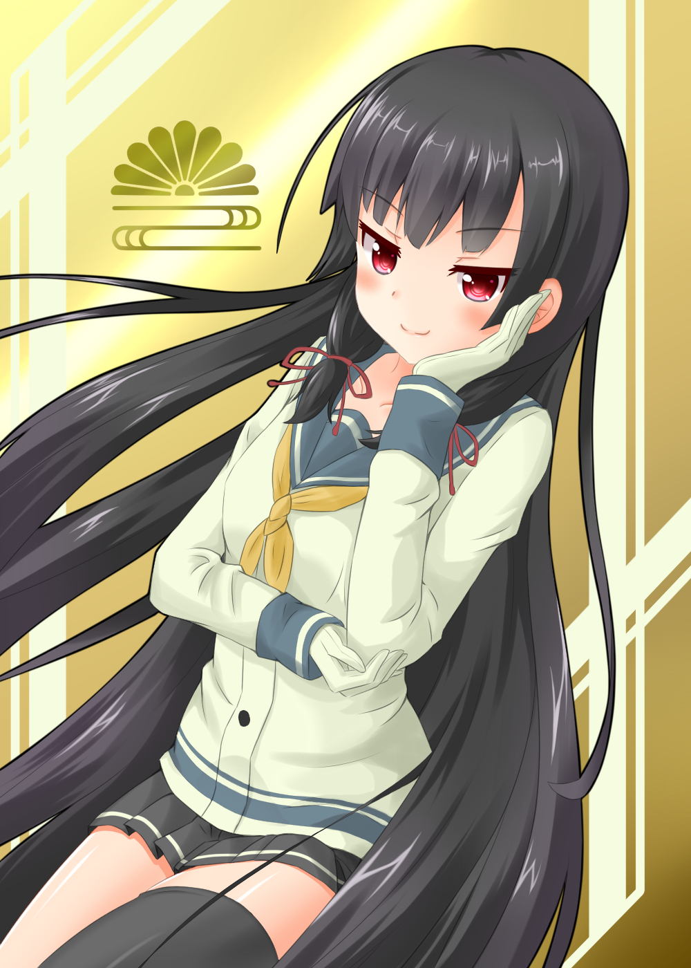 Kantai, Collection, Isokaze, anthropomorphism, black, hair, blush, gloves, long, eyes, smile, thigh, highs, uniform, , , anime, picture, , |, , , pictures