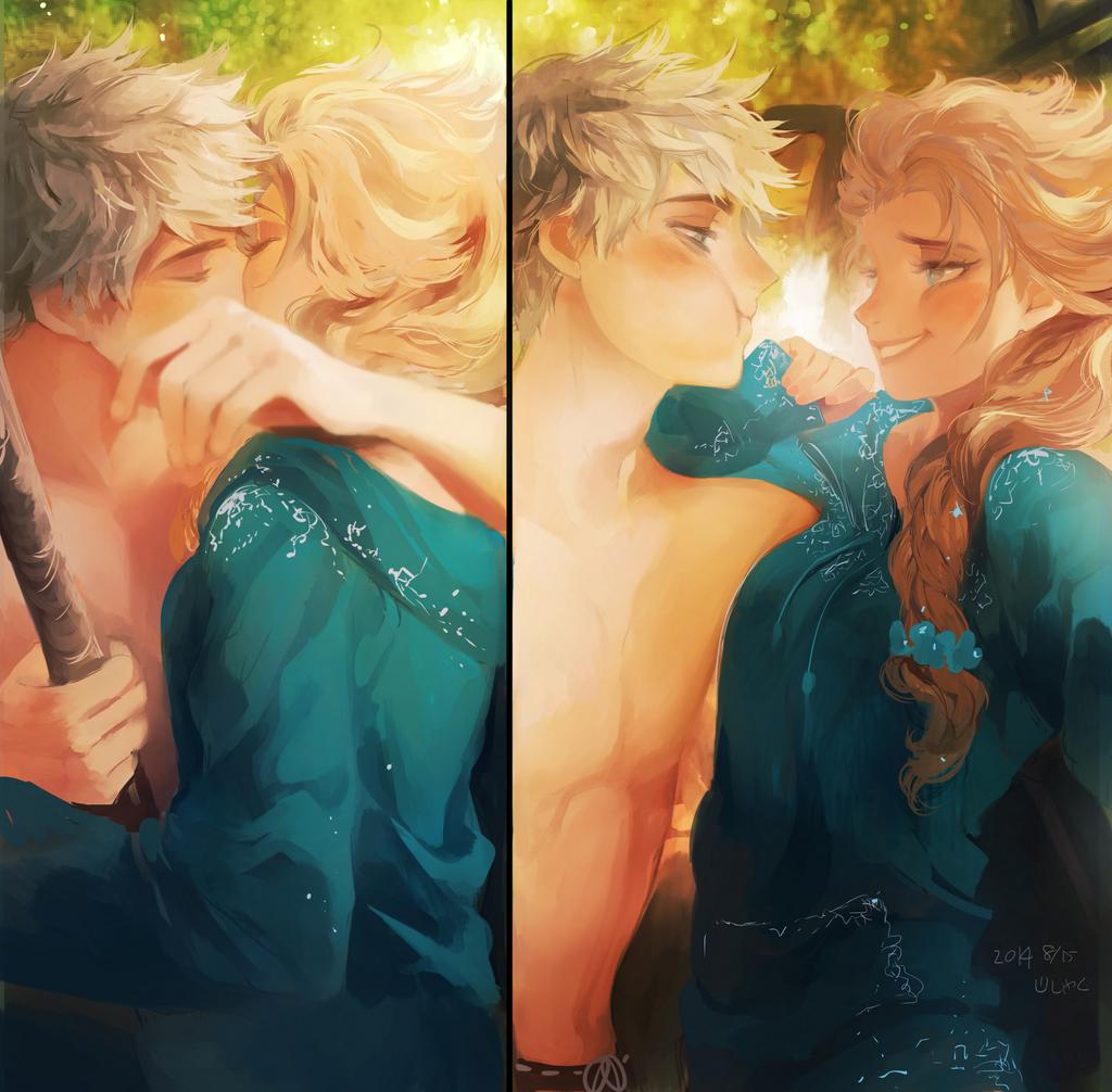 Fairy, Tales, Rise, Guardians, Elsa, Snow, Queen, Jackson, Overland, Frost, blonde, hair, blue, eyes, braids, couple, crossover, kiss, long, short, smile, , , anime, picture, , |, , , pictures