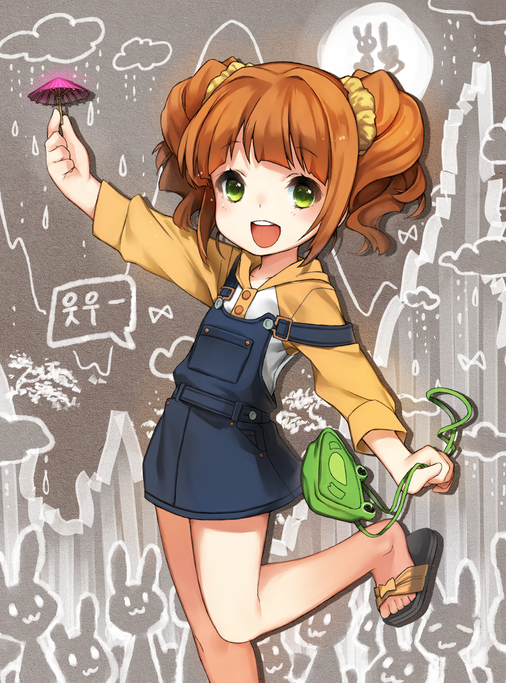 The, Idolmaster, Takatsuki, Yayoi, blush, brown, hair, dress, green, eyes, happy, hoodie, long, overalls, sandals, twin, tails, umbrella, , , anime, picture, , |, , , pictures