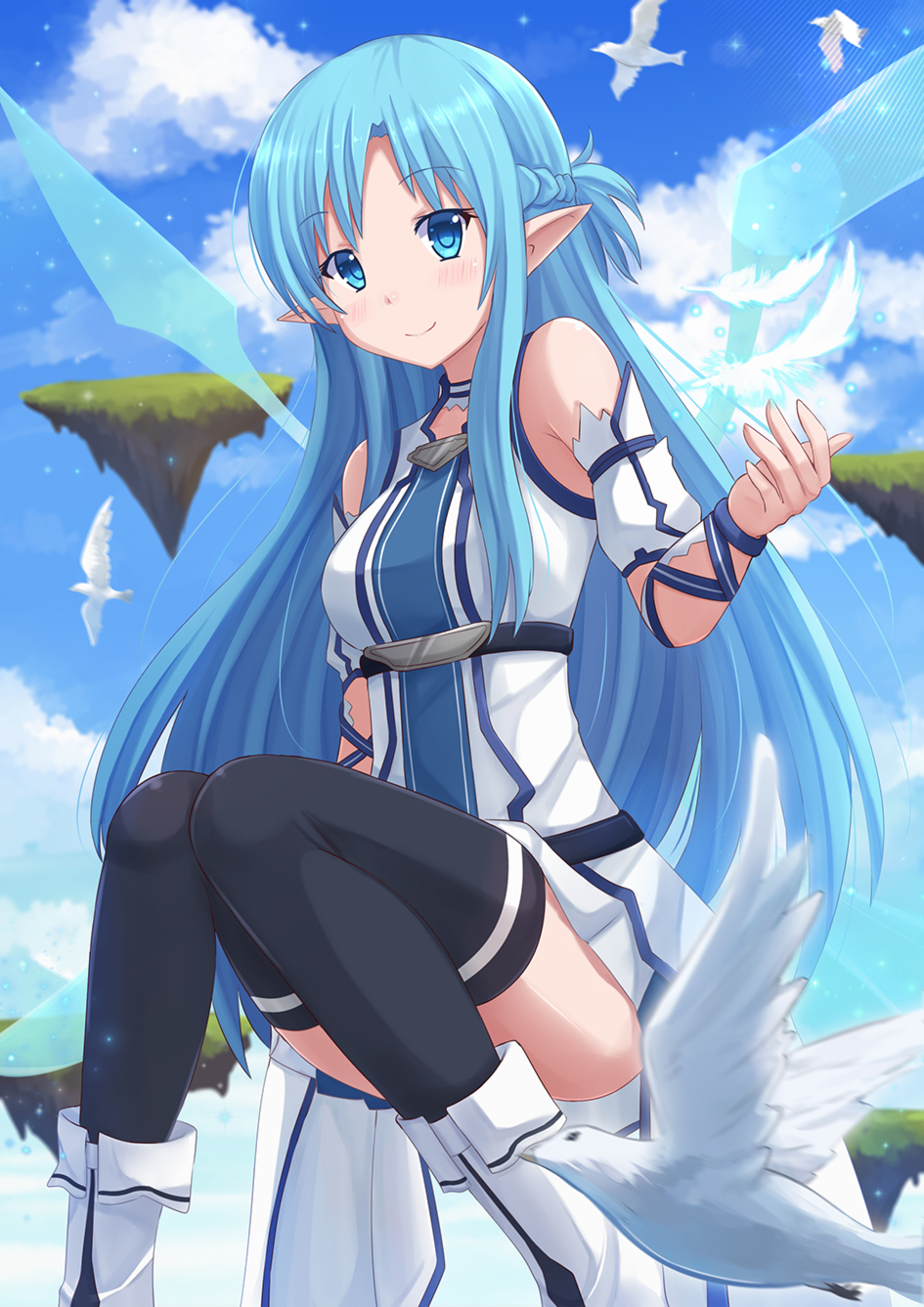 Sword, Art, Online, Yuuki, Asuna, blue, eyes, hair, blush, boots, braids, feather, long, smile, thigh, highs, tori, , , anime, picture, , |, , , pictures