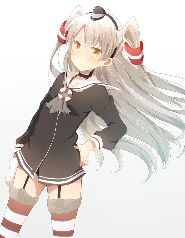 Kantai, Collection, Amatsukaze, anthropomorphism, blush, choker, gloves, long, hair, ribbon, thigh, highs, twin, tails, uniform, white, yellow, eyes, , , anime, picture, , |, , , pictures