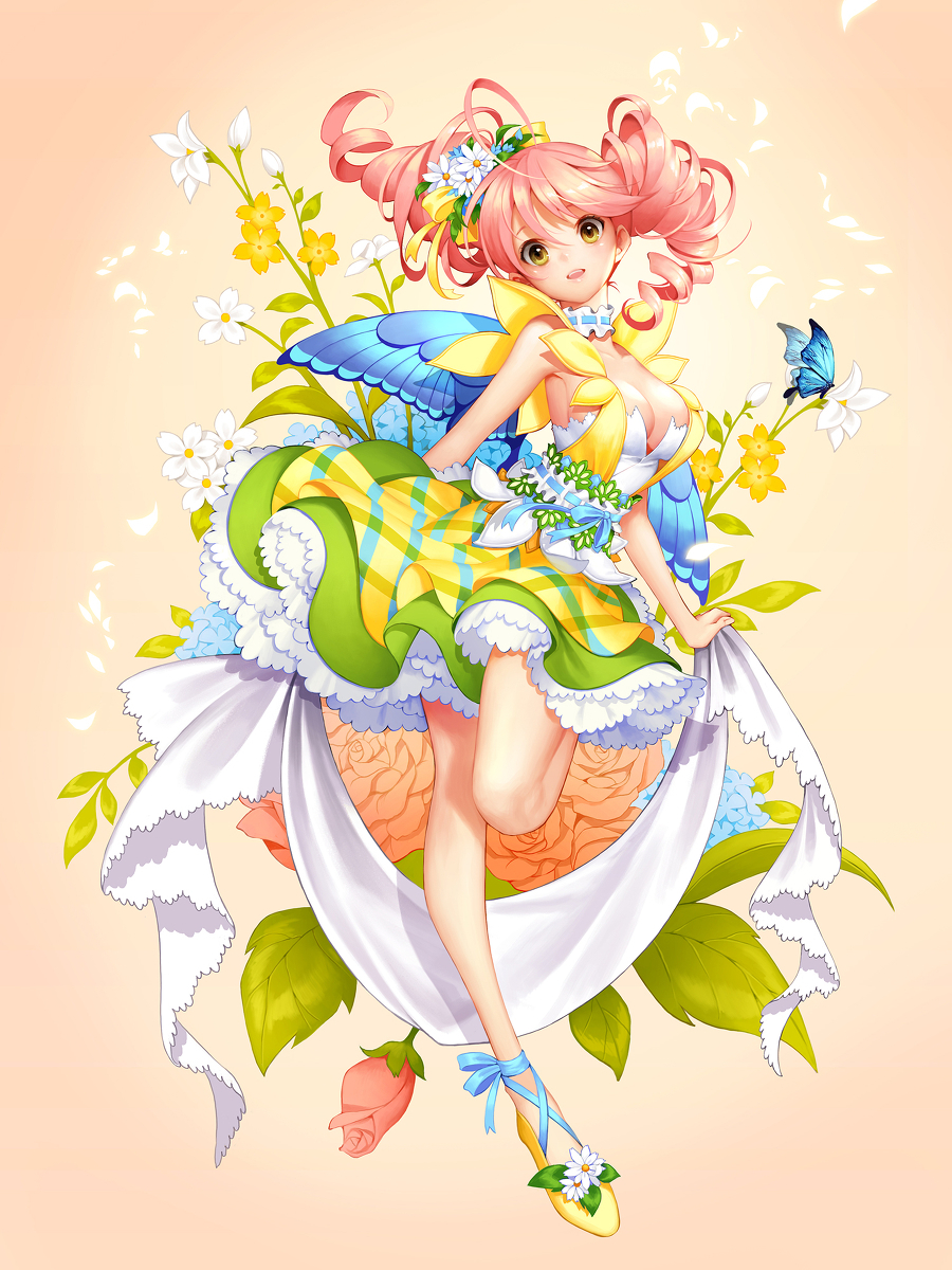 Kaku, San, Sei, Million, Arthur, blush, butterfly, curly, hair, fairy, flower, happy, long, pink, ribbon, skirt, twin, tails, yellow, eyes, , , anime, picture, , |, , , pictures