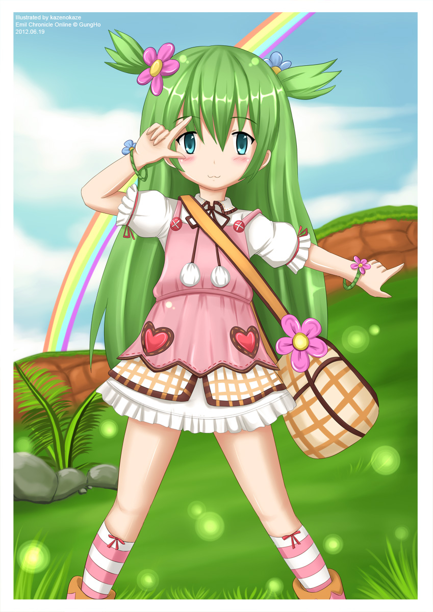 Emil, Chronicle, Online, Shabo, Alma, blue, eyes, blush, flower, green, hair, heart, jewelry, long, rainbow, ribbon, skirt, smile, twin, tails, , , anime, picture, , |, , , pictures