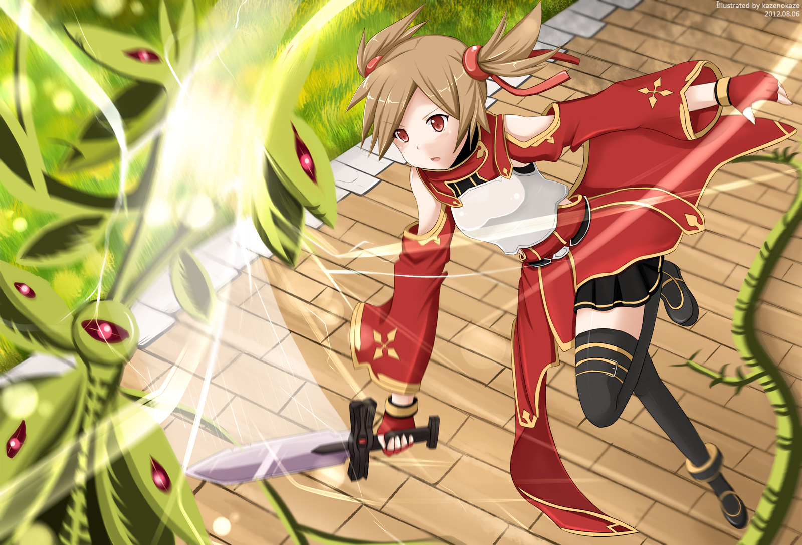 Sword, Art, Online, Silica, blush, boots, brown, hair, gloves, long, eyes, ribbon, twin, tails, warrior, , , anime, picture, , |, , , pictures