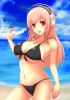 Super Sonico : Sonico 182867
beach beverage bikini happy headphones long hair pink red eyes water   anime picture