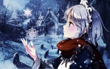 Touhou : Izayoi Sakuya 182918
blue eyes blush braids grey hair headdress maid scarf short snow tree wallpaper winter   anime picture