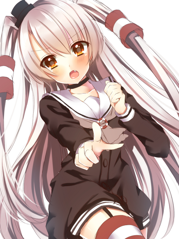 Kantai, Collection, Amatsukaze, anthropomorphism, blush, brown, eyes, choker, fang, long, hair, ribbon, thigh, highs, twin, tails, uniform, white, , , anime, picture, , |, , , pictures