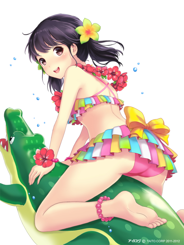 Anime, CG, Pictures, barefoot, bikini, black, hair, blush, flower, happy, eyes, short, twin, tails, , , picture, , |, , 