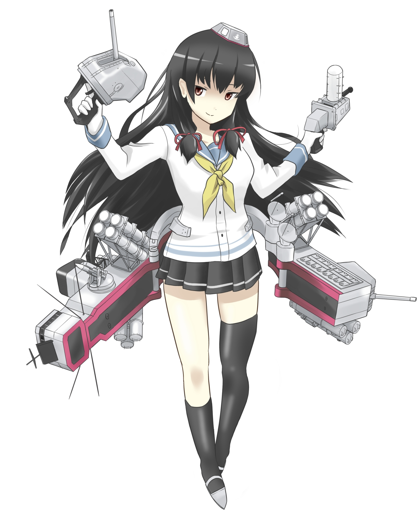 Kantai, Collection, Isokaze, anthropomorphism, black, hair, gloves, long, eyes, smile, thigh, highs, uniform, weapon, , , anime, picture, , |, , , pictures