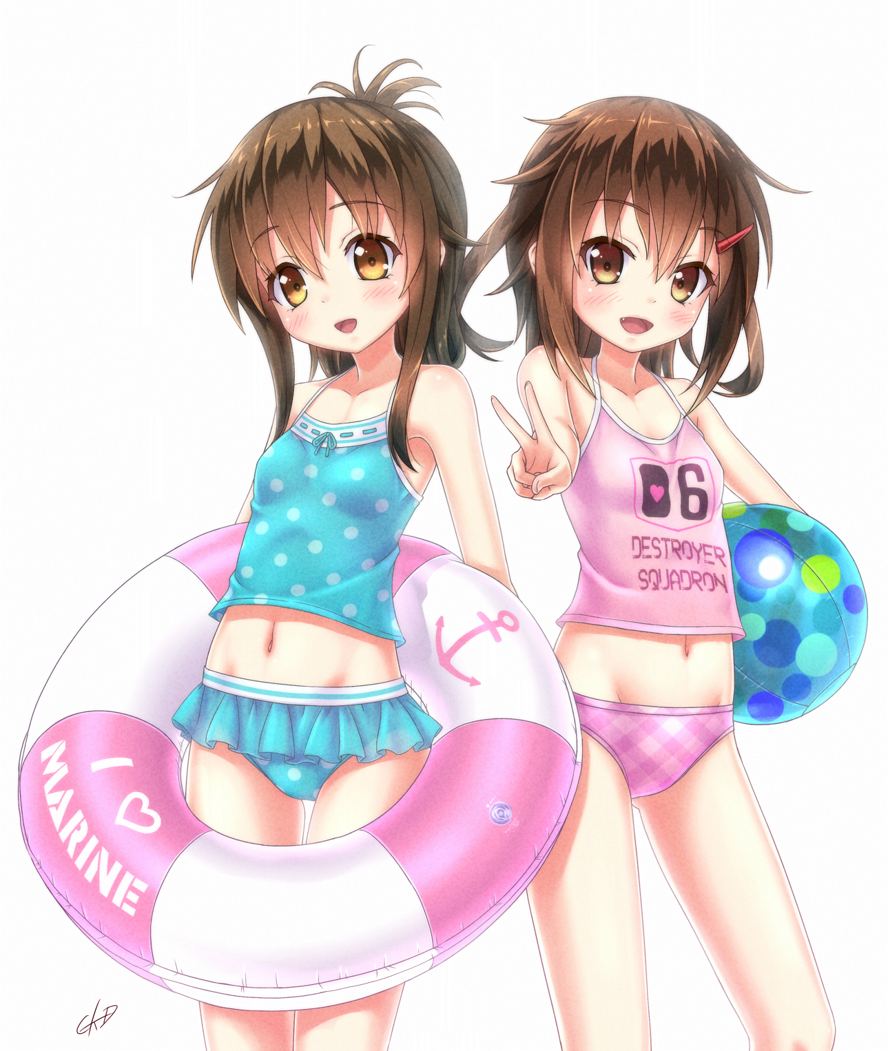 Kantai, Collection, Ikazuchi, Inazuma, anthropomorphism, bikini, blush, brown, eyes, hair, fang, hairpins, happy, ribbon, short, water, float, yellow, , , anime, picture, , |, , , pictures