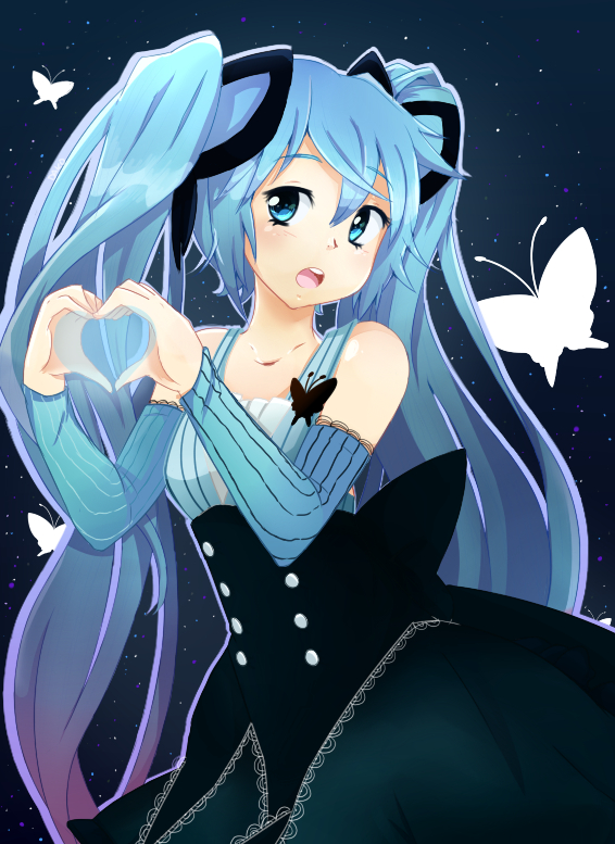 Vocaloid, Hatsune, Miku, blue, eyes, hair, butterfly, dress, happy, heart, long, ribbon, twin, tails, , , anime, picture, , |, , , pictures