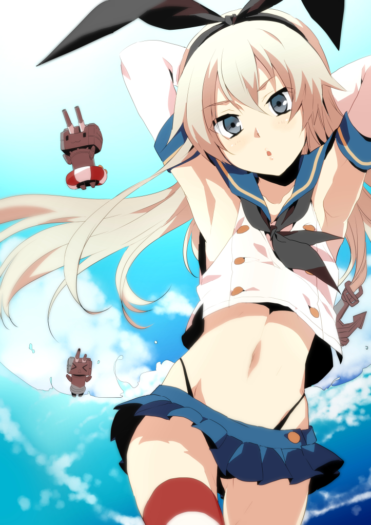 Kantai, Collection, Rensouhou, chan, Shimakaze, >, _<, anthropomorphism, bikini, blonde, hair, blue, eyes, gloves, band, long, skirt, thigh, highs, water, float, weapon, , , anime, picture, , |, , , pictures