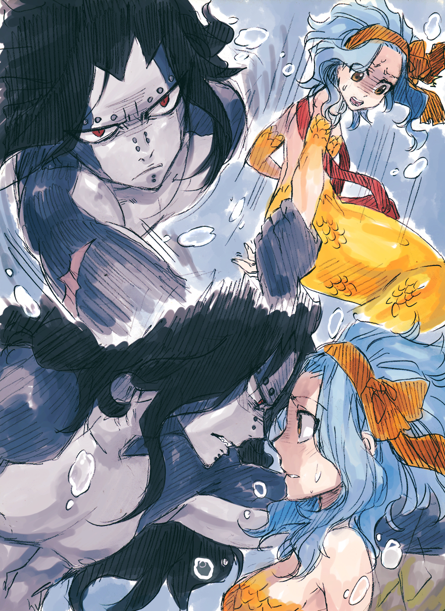 Fairy, Tail, Gajeel, Redfox, Levy, McGarden, black, hair, blue, brown, eyes, band, mermaid, underwater, , , anime, picture, , |, , , pictures