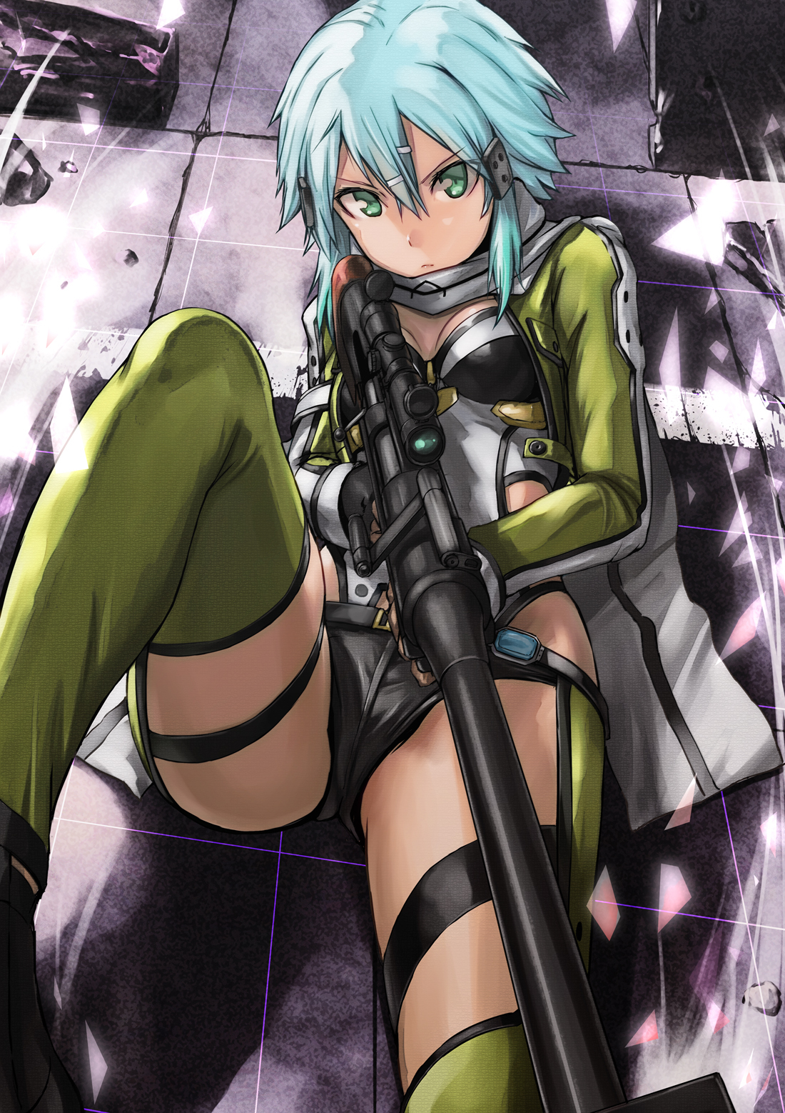 Sword, Art, Online, Sinon, green, eyes, hair, hairpins, jacket, scarf, short, shorts, , , anime, picture, , |, , , pictures