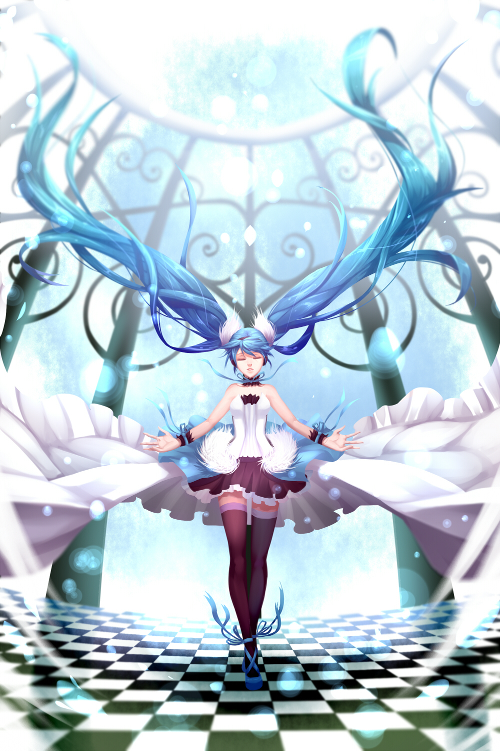 7th, Dragon, Vocaloid, Hatsune, Miku, blue, hair, choker, crossover, dress, long, ribbon, thigh, highs, twin, tails, , , anime, picture, , |, , , pictures